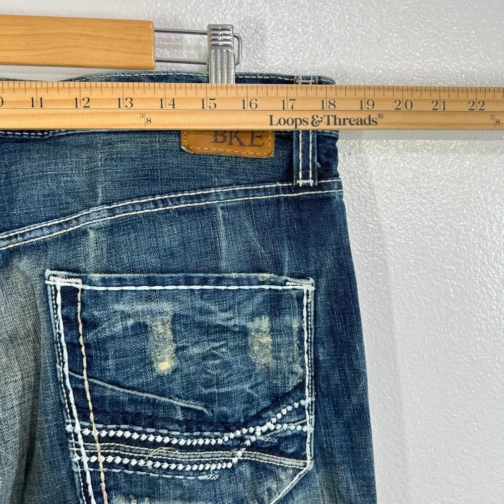 BKE Tyler Straight‎ Jeans Men 36R Blue Medium Wash Distressed Denim Thick Stitch